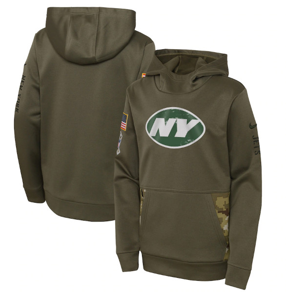 Youth New York Jets 2022 Olive Salute to Service Therma Performance Pullover Hoodie